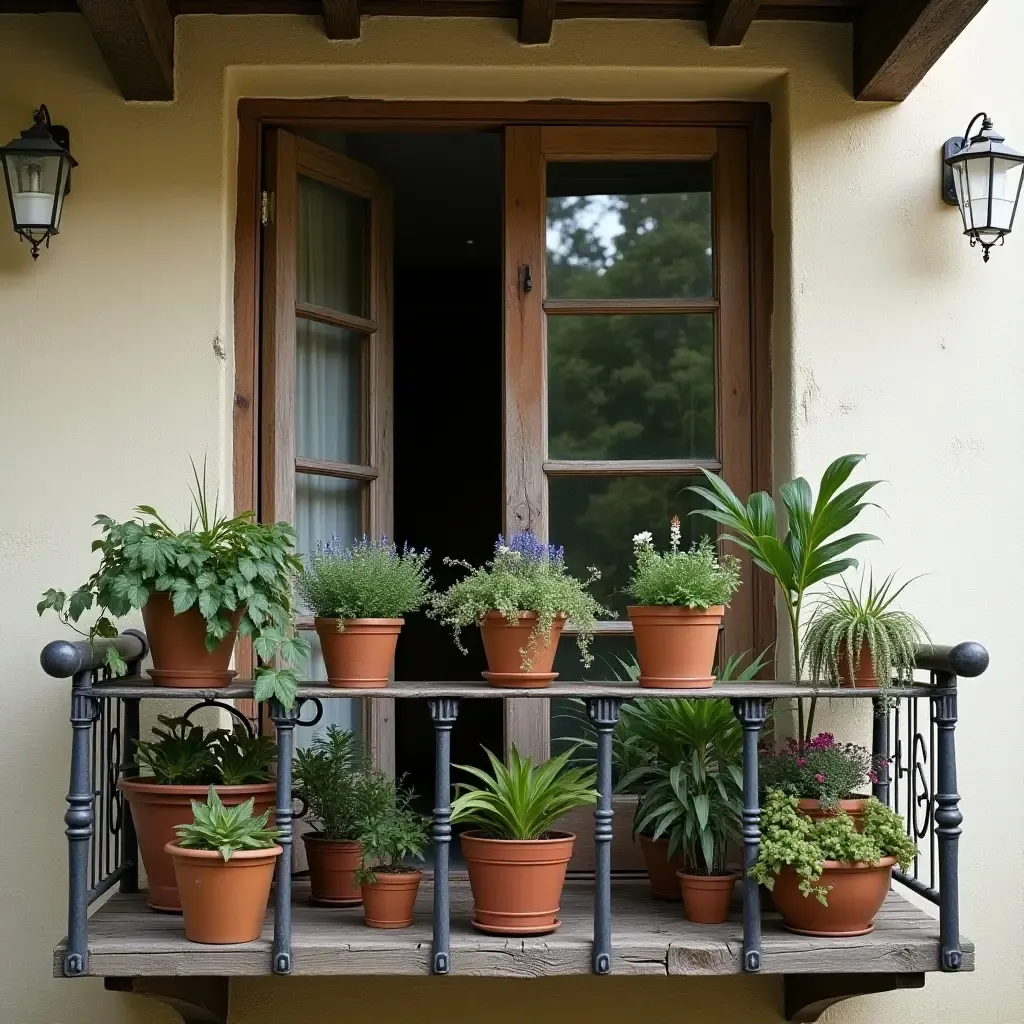 a photo of a rustic balcony with a vintage ladder used for plant display