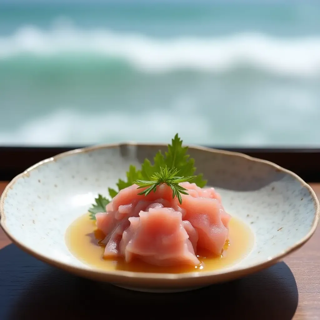 a photo of tsubugai, whelk sashimi, arranged elegantly on a plate, ocean waves in the background