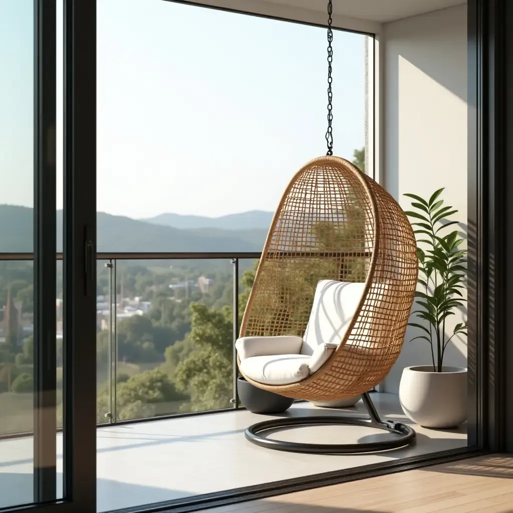 a photo of a modern rattan hanging chair on a stylish balcony