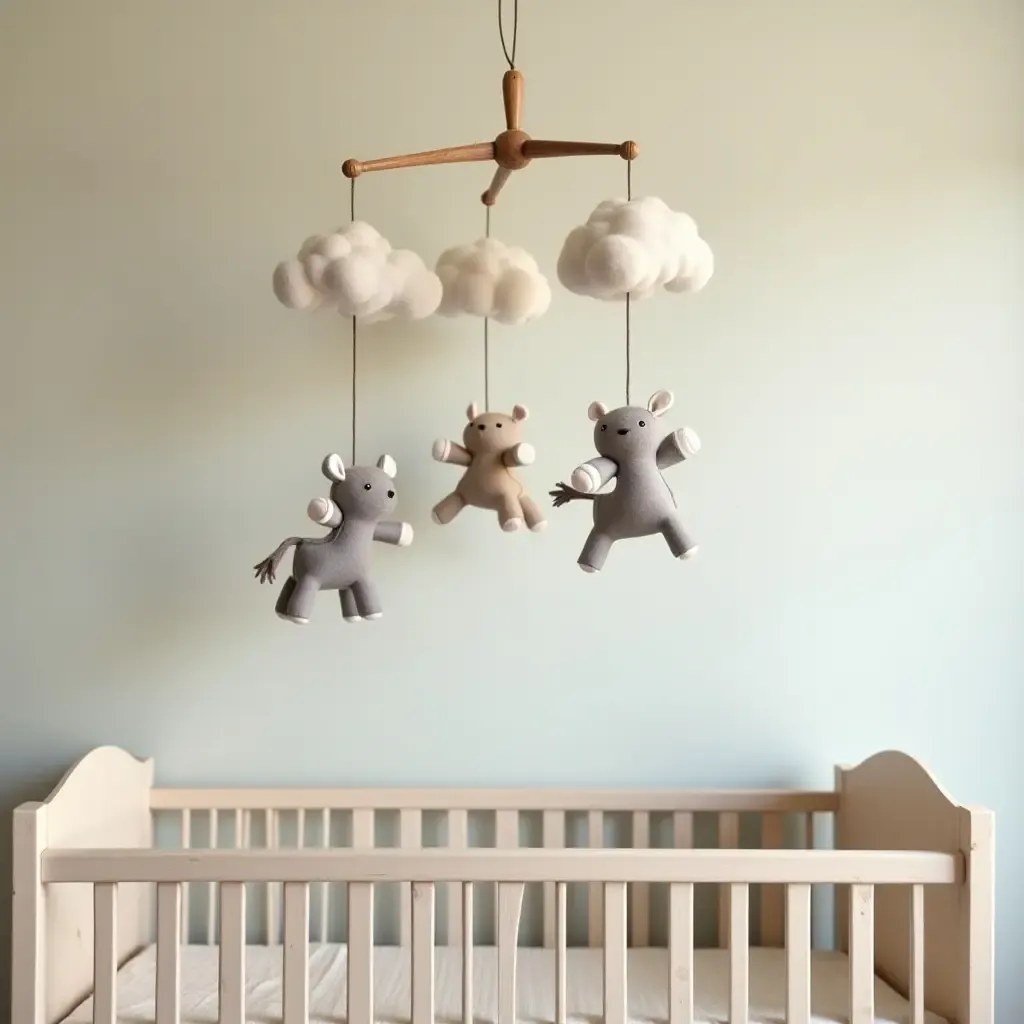 a photo of a whimsical vintage mobile hanging above a crib