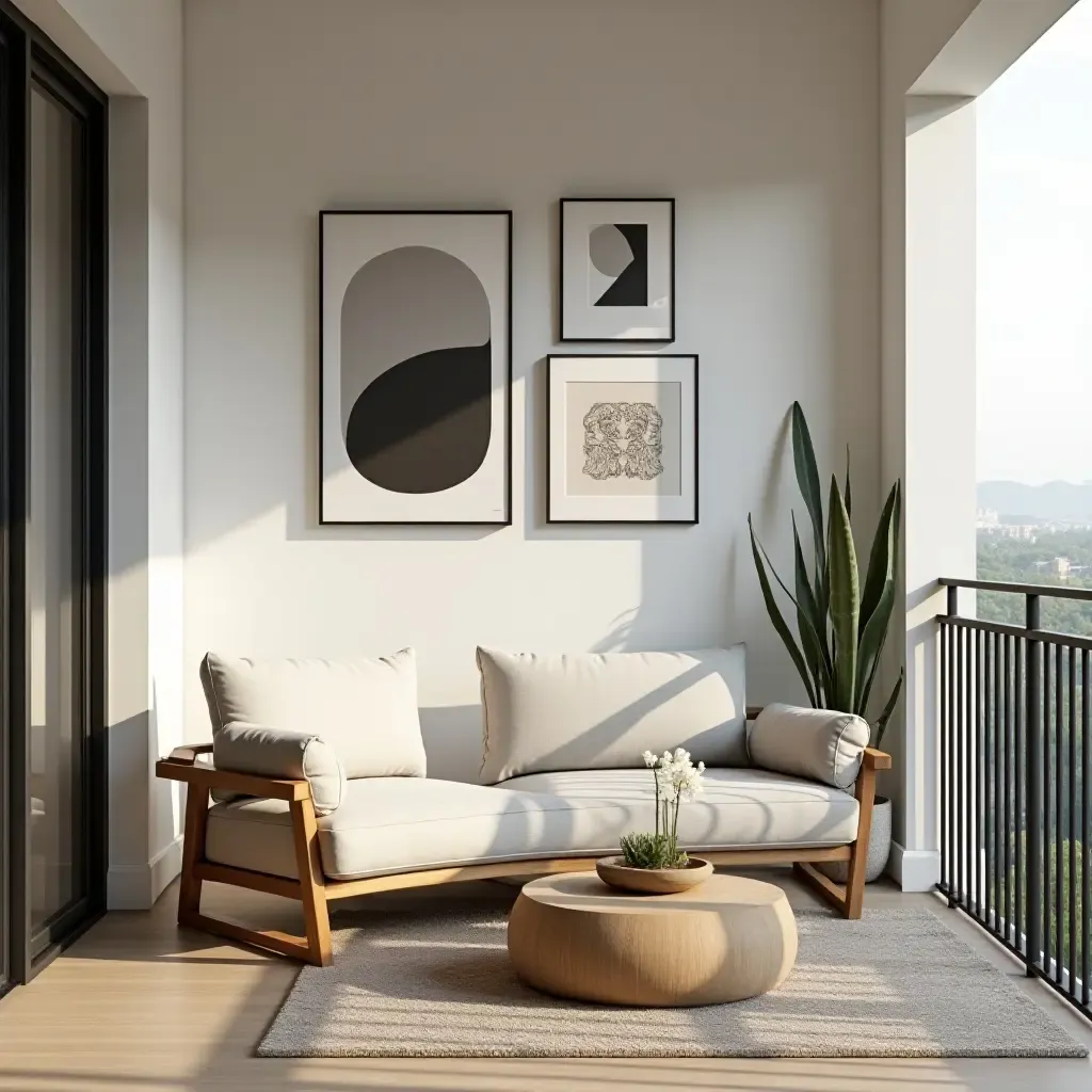 a photo of a balcony wall decorated with framed art pieces