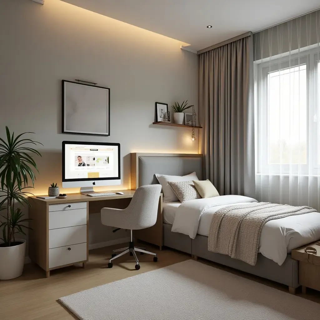 a photo of a modern teen bedroom with a creative workspace