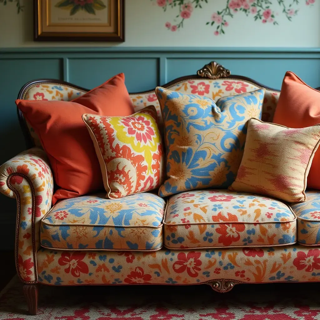 a photo of colorful patterned throw pillows on a vintage sofa