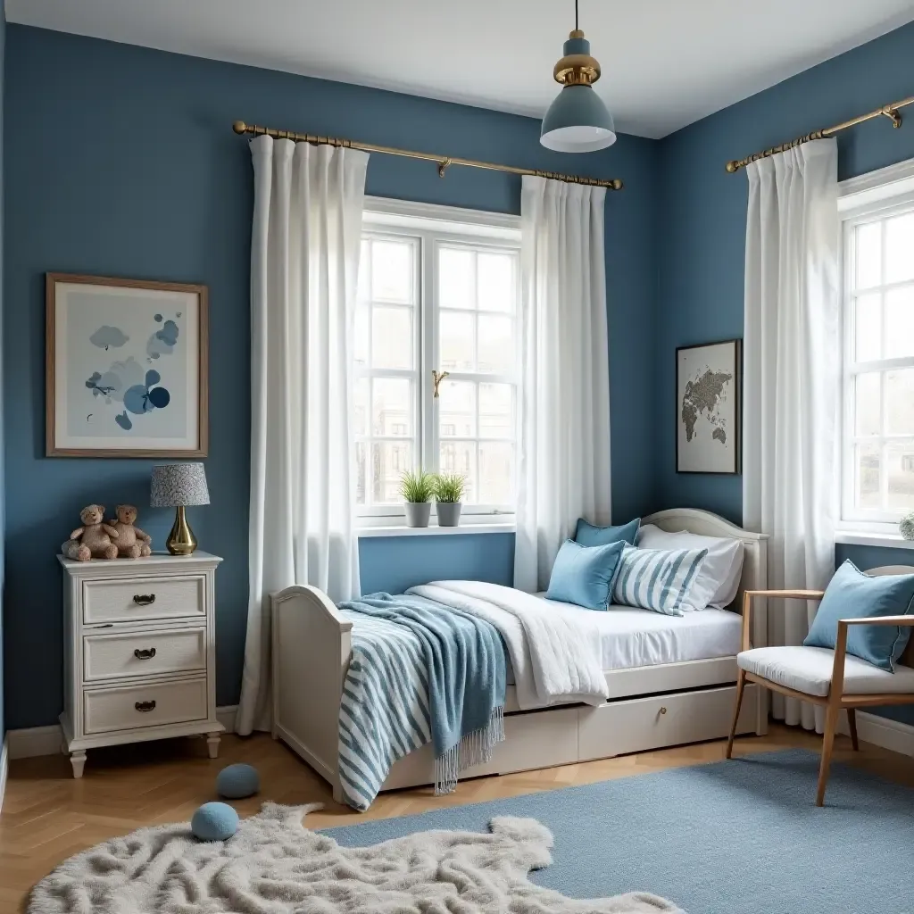 a photo of a stylish kids&#x27; room showcasing metallic blue accents