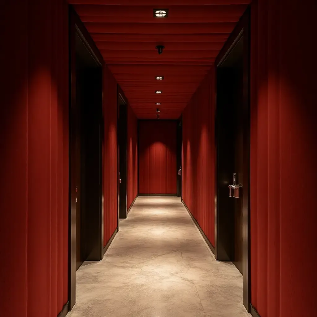 a photo of a luxurious corridor showcasing rich fabric, dark wood, and bright metal