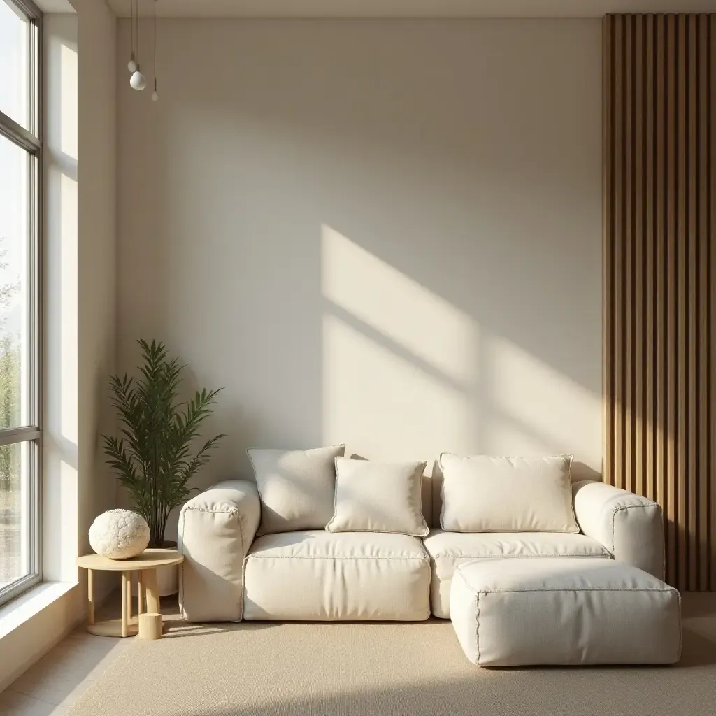 a photo of a peaceful space with a nature-inspired color palette and soft textures