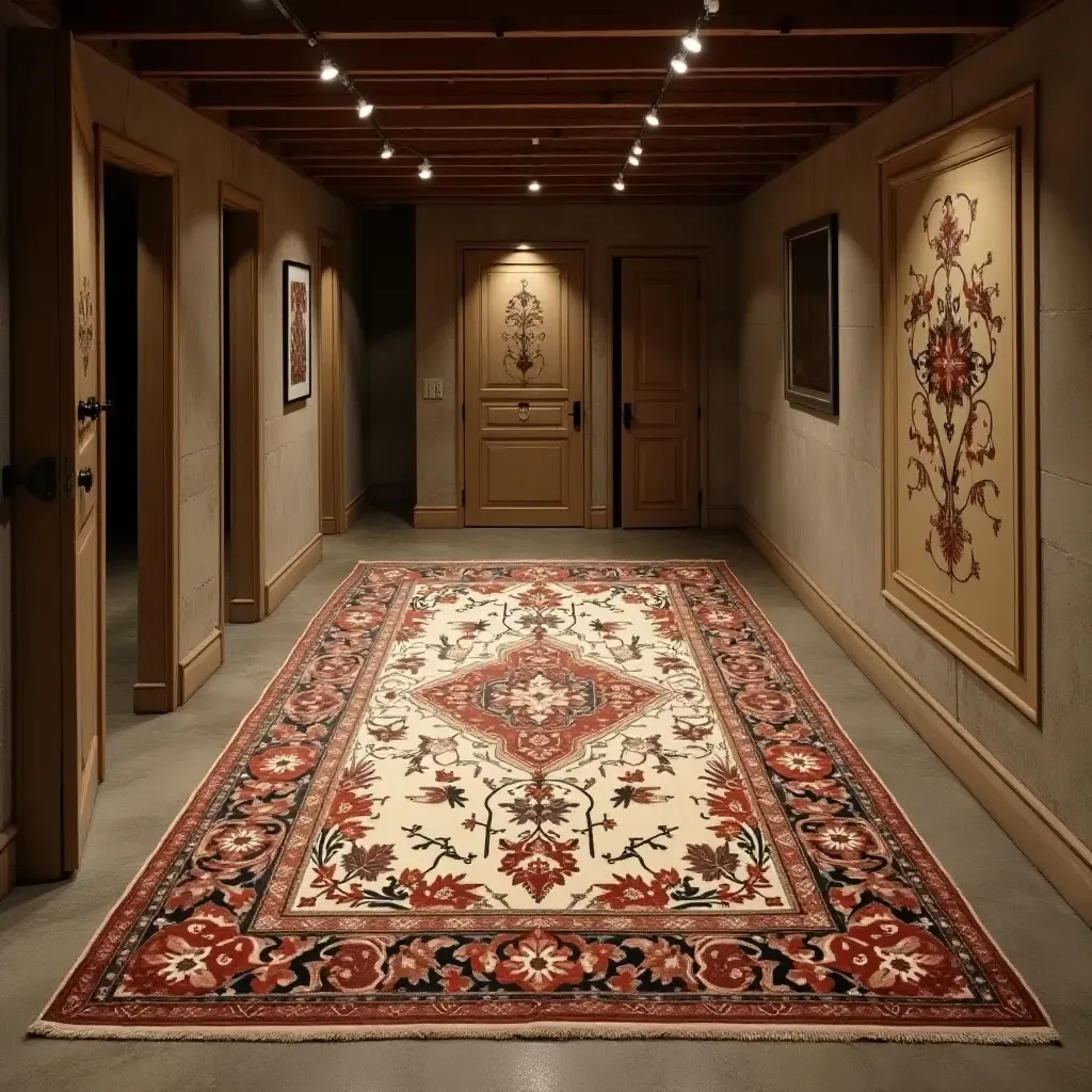 a photo of a vintage-style rug with intricate designs in a basement