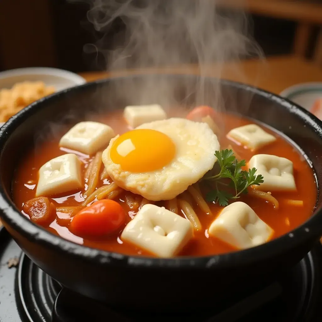 a photo of bubbling sundubu jjigae with soft tofu, seafood, and a cracked egg in a hot stone bowl.