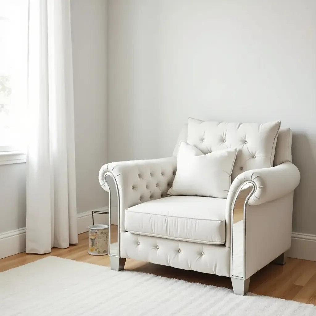 a photo of a nursery with a mirrored accent chair