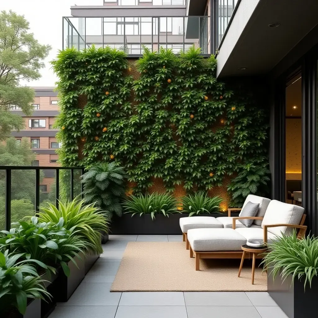 a photo of a balcony with a lush vertical garden and seating