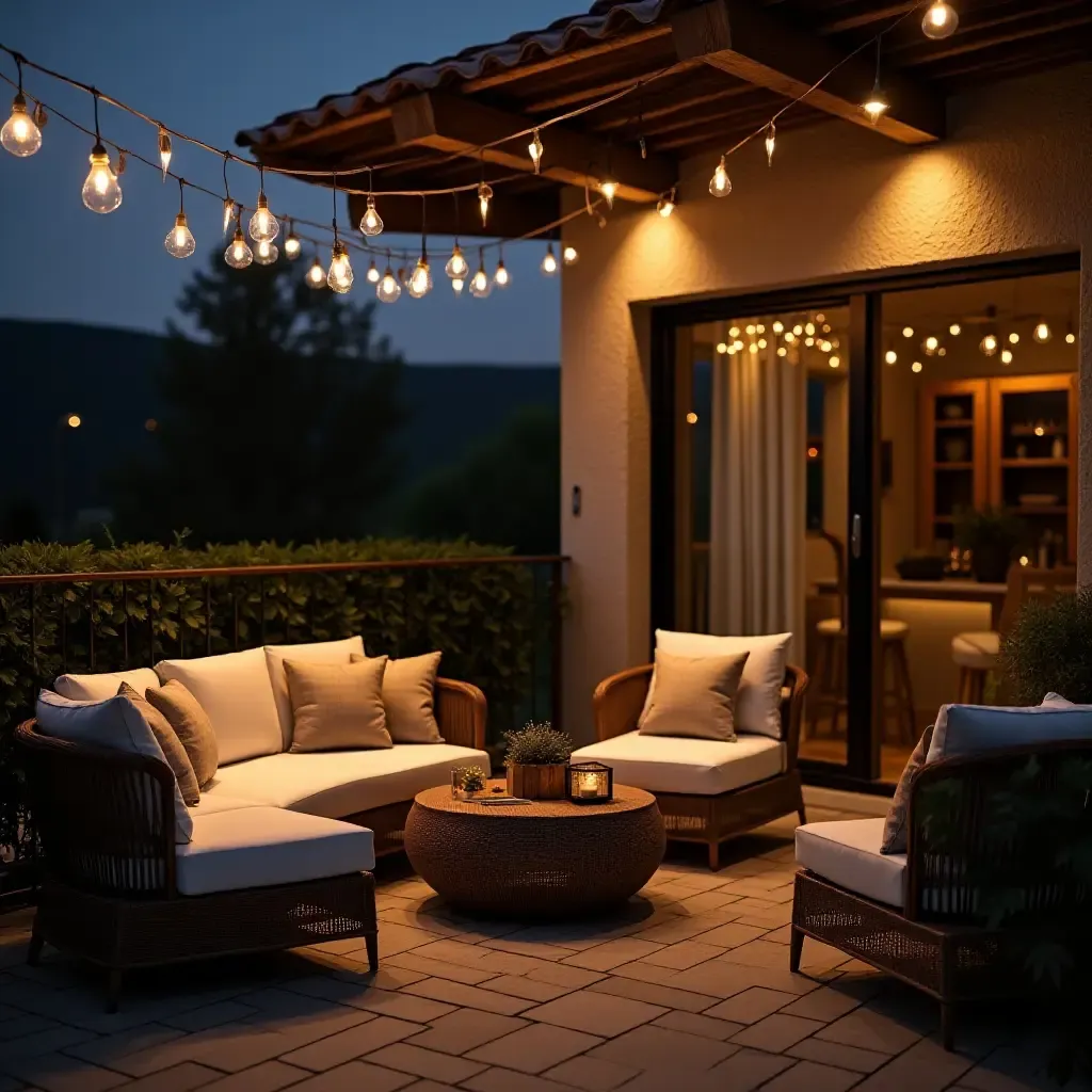 a photo of a balcony with pendant lights highlighting outdoor furniture