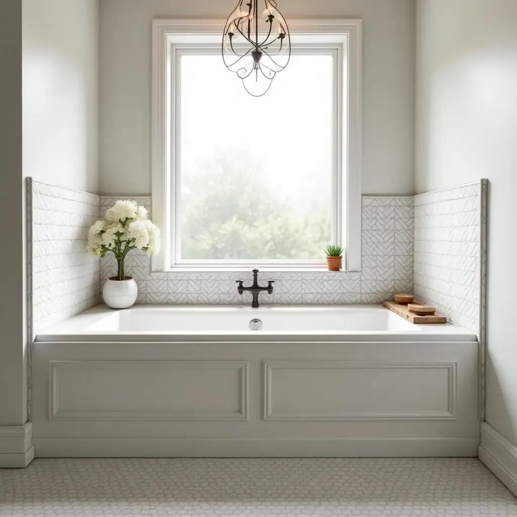 a photo of a bathroom featuring a beautiful tiled bathtub surround