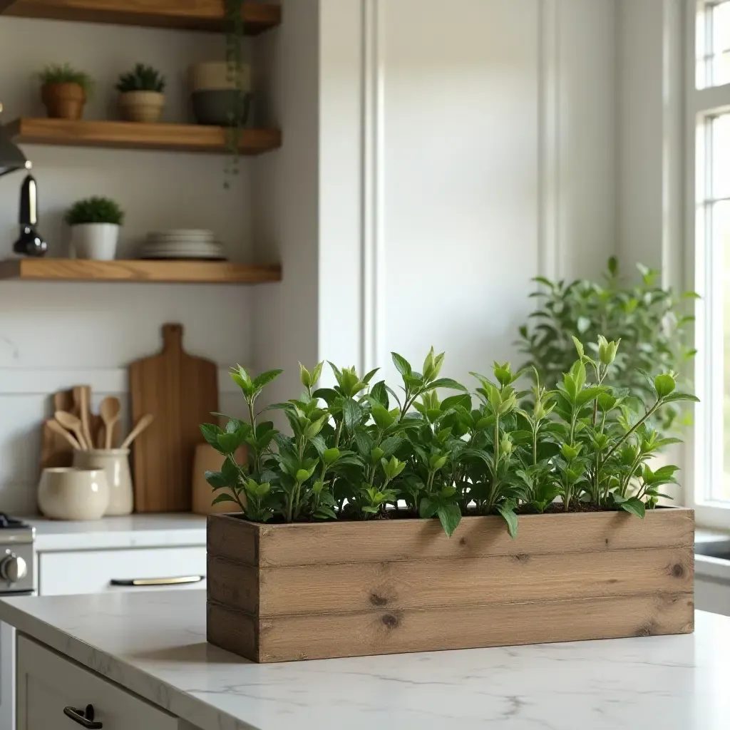 a photo of a kitchen with a rustic wooden planter box