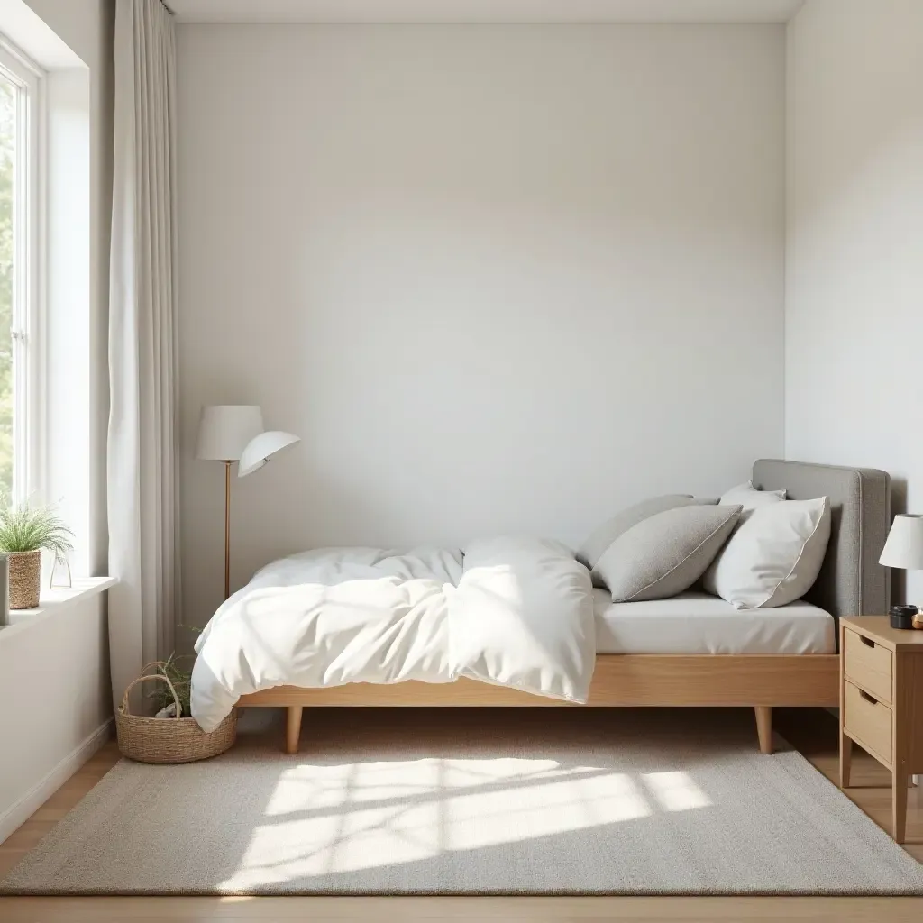 a photo of a minimalist teen bedroom with a combination of wood and white decor