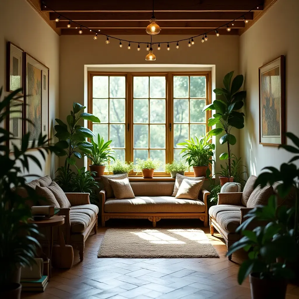 a photo of a cozy corridor with a reading nook surrounded by plants