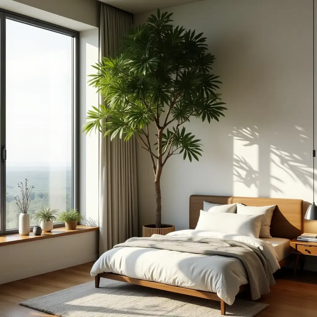 a photo of a bedroom corner filled with a tall indoor tree next to a window