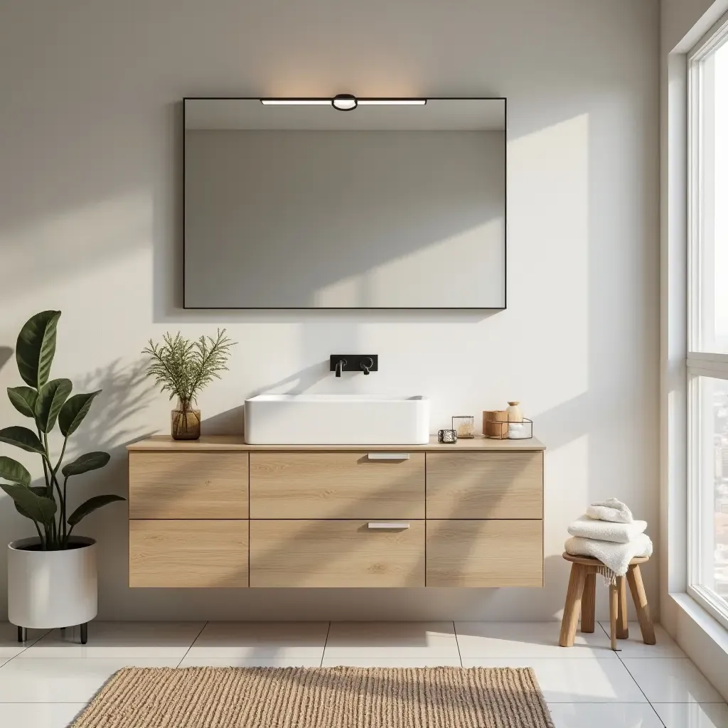 a photo of a bathroom vanity with a creative use of space and decor