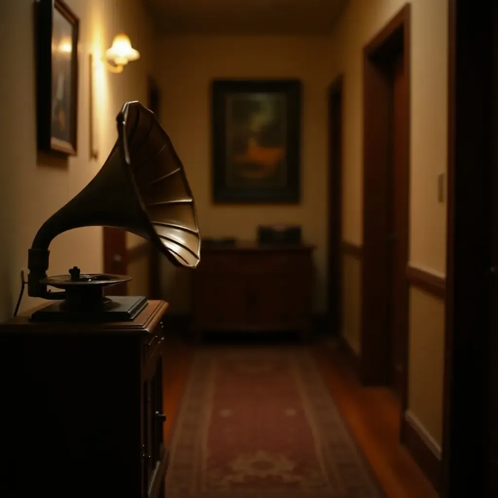 a photo of a vintage phonograph playing music in a cozy hallway