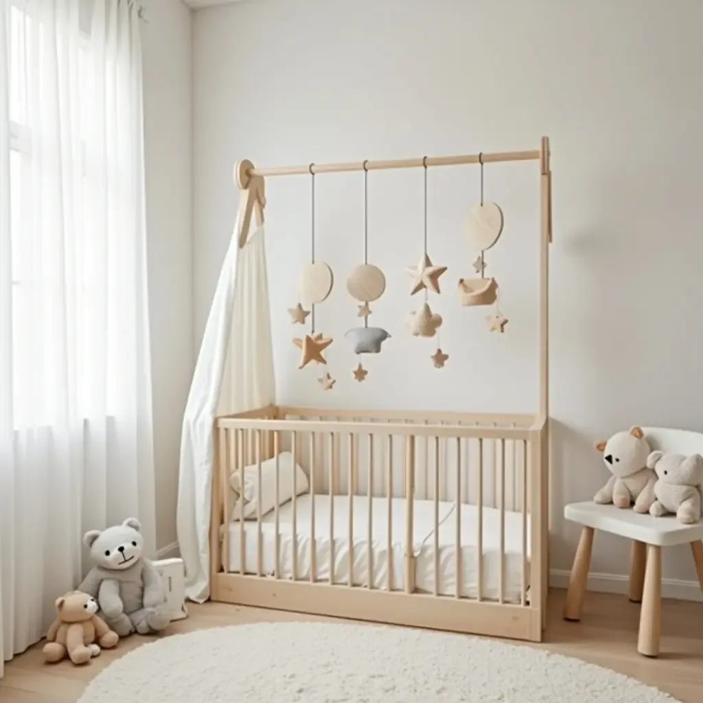 a photo of a nursery featuring a hand-crafted wooden mobile