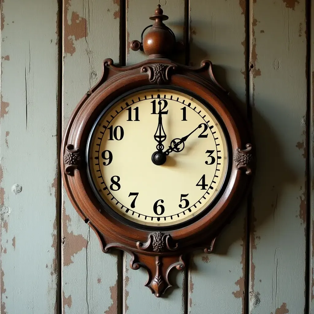 a photo of an old-fashioned clock on a distressed wooden wall