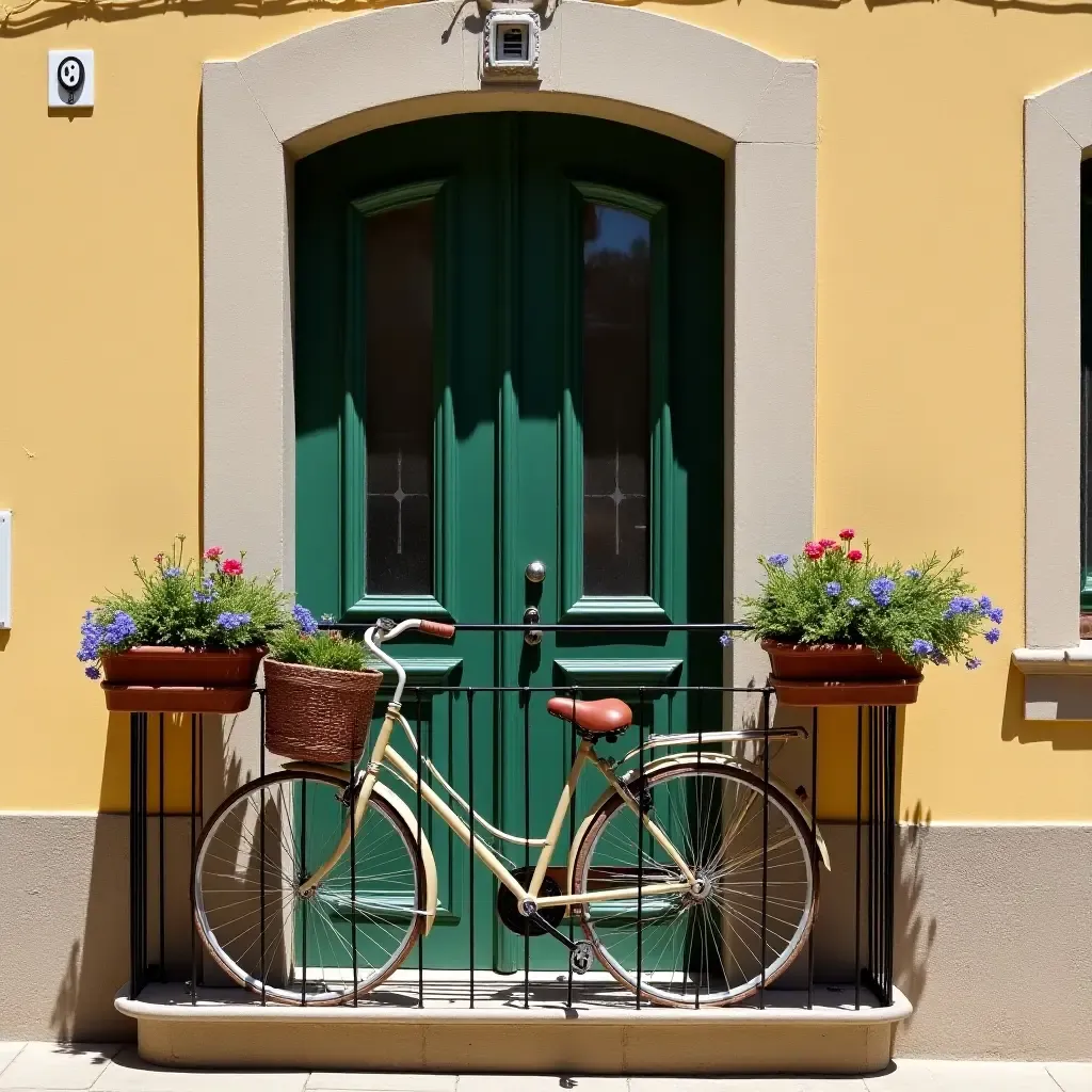 a photo of a Mediterranean balcony with a vintage bicycle and flower baskets