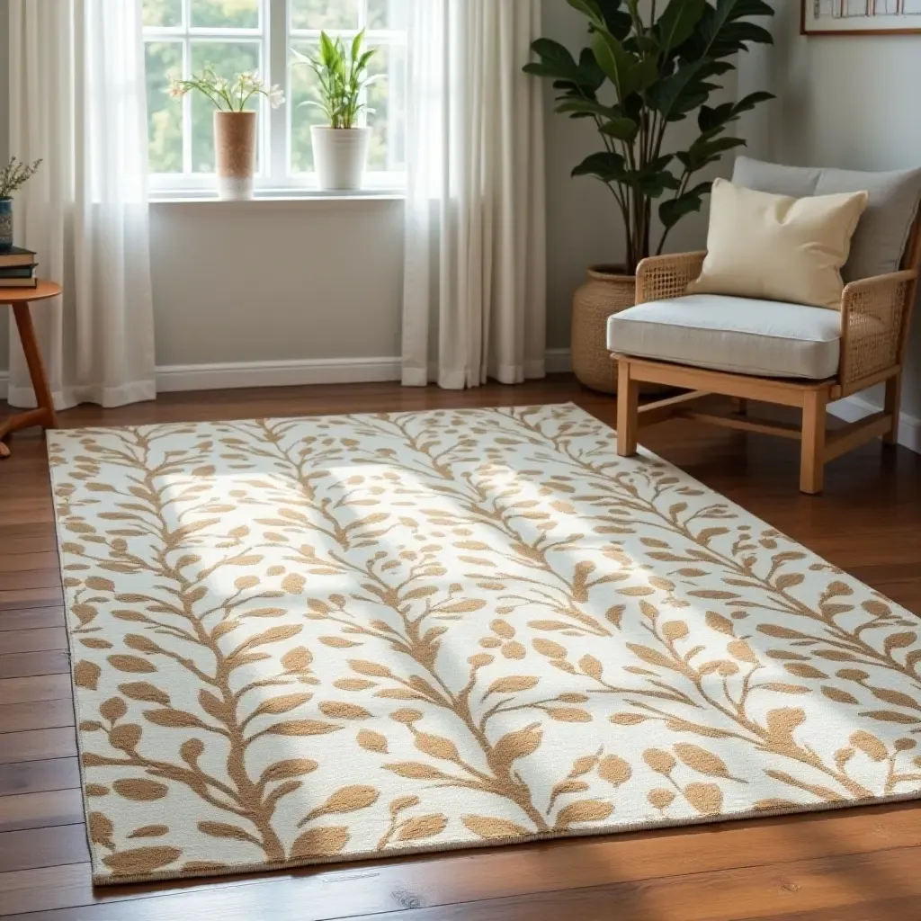 a photo of a nature-inspired rug with leaf patterns in a chic setting