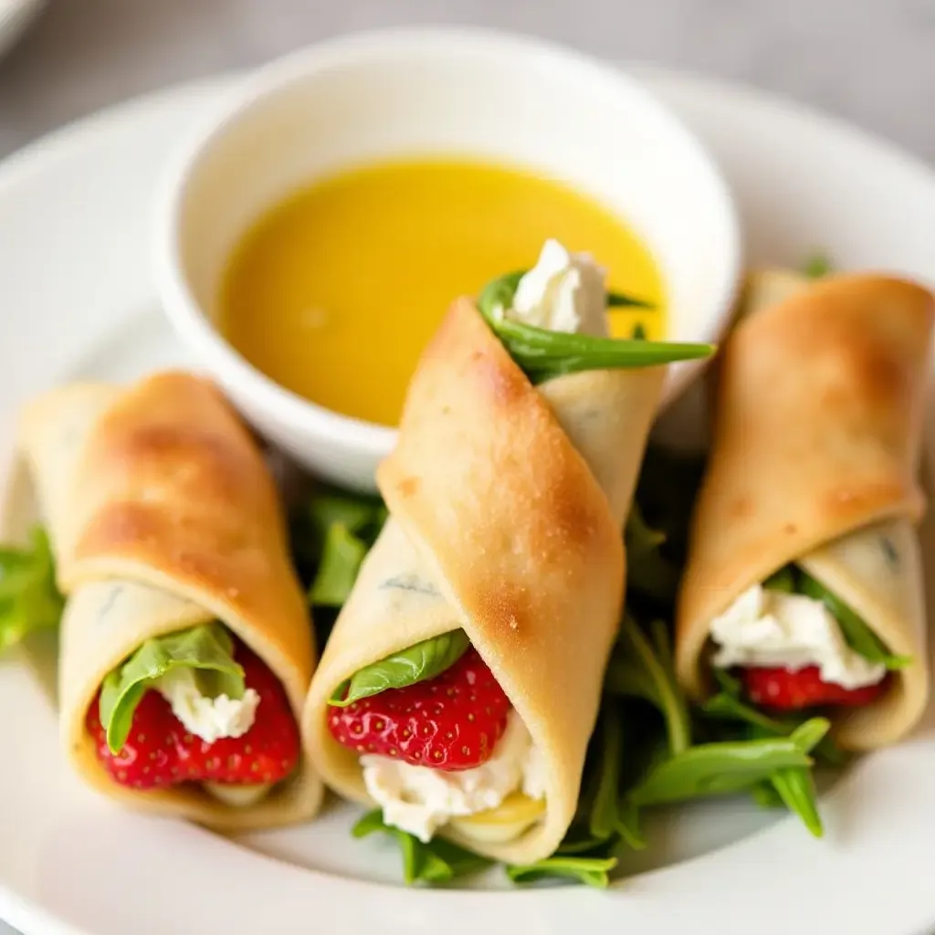 a photo of spring rolls with strawberries, brie, and arugula, served with honey mustard dip.