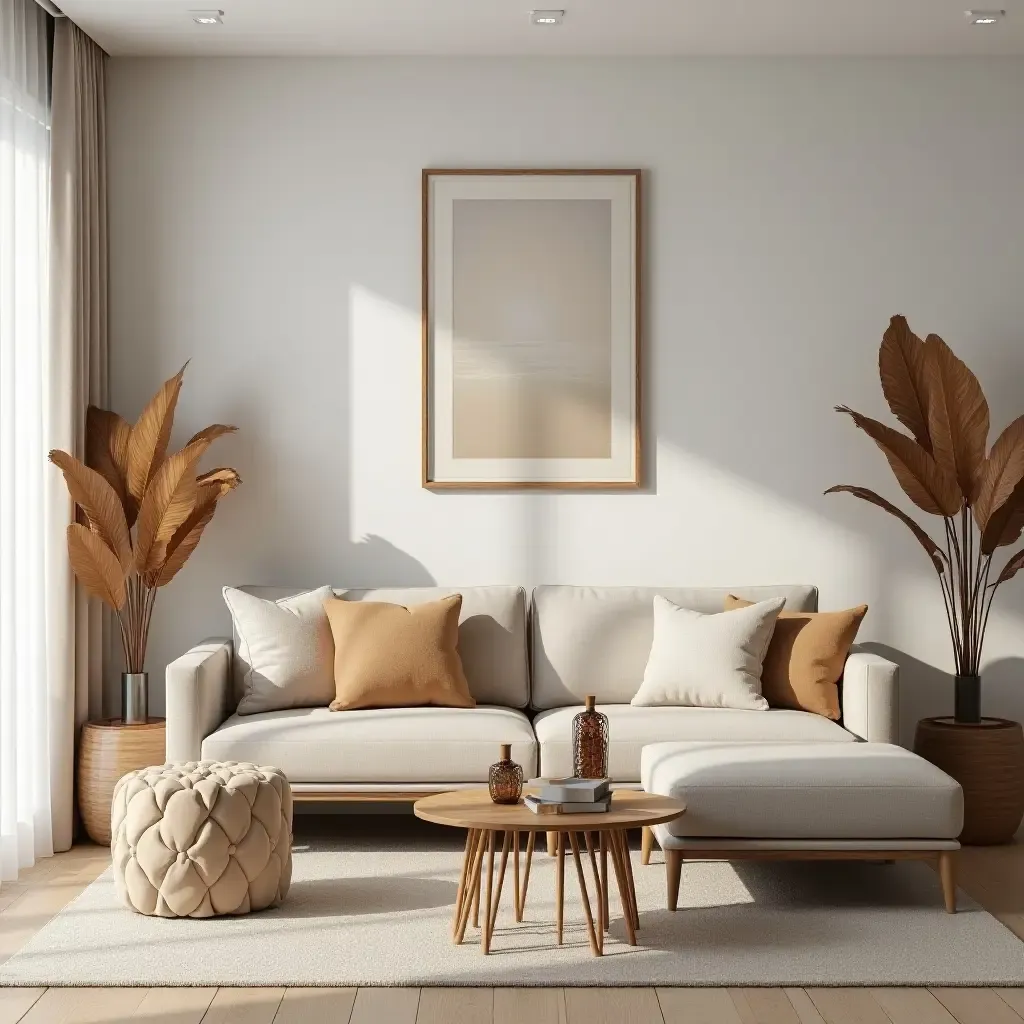 a photo of a welcoming living room with wooden decorative accents and artwork