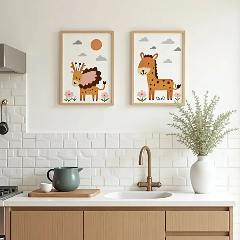 a photo of a whimsical animal-themed wall art in a child-friendly kitchen