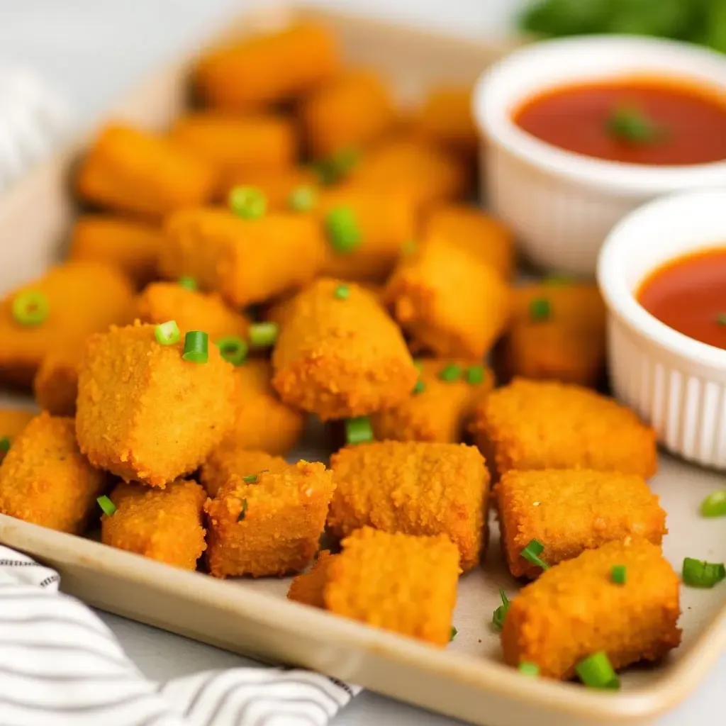 a photo of baked tofu nuggets with dipping sauce on a tray.