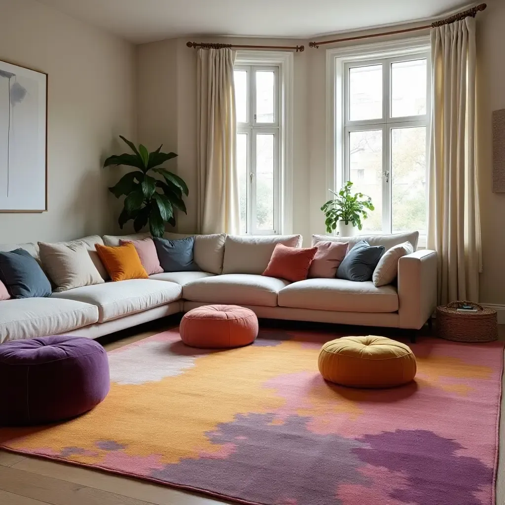 a photo of a living room with a large, colorful area rug and poufs