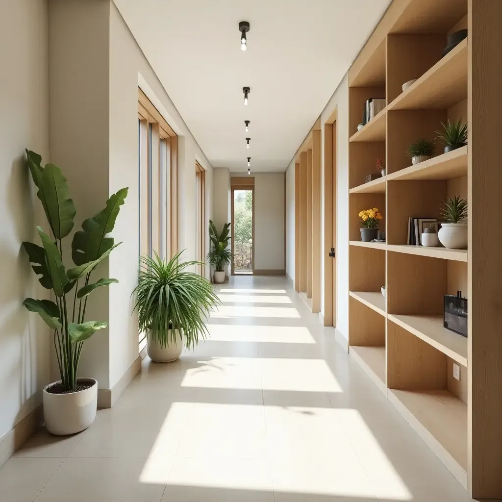 a photo of a light-filled corridor with open shelving and decorative plants