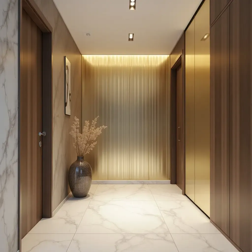 a photo of an entrance hall with a metallic accent wall