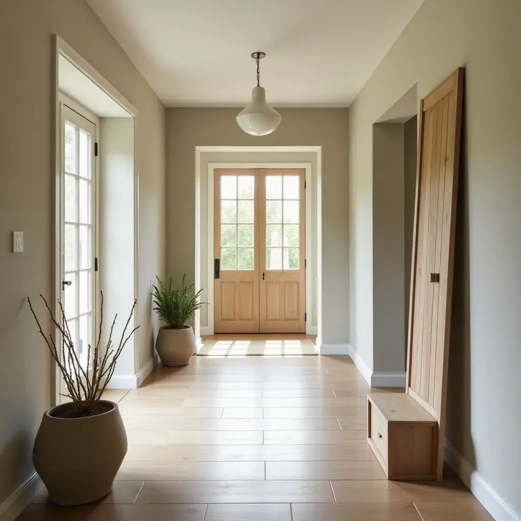 a photo of a serene entrance hall with a calming color scheme and natural materials