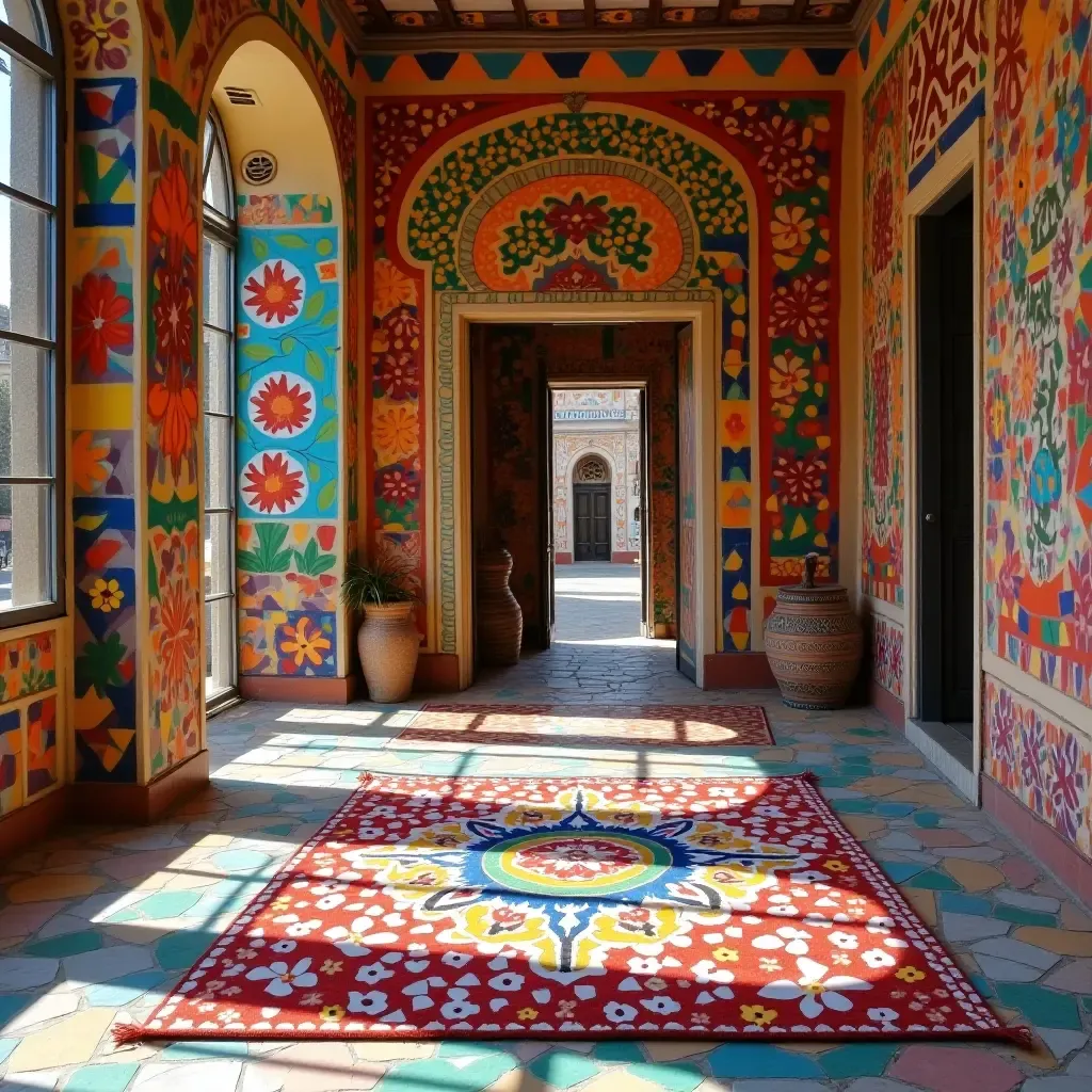 a photo of a colorful mosaic rug in a vibrant and artistic setting