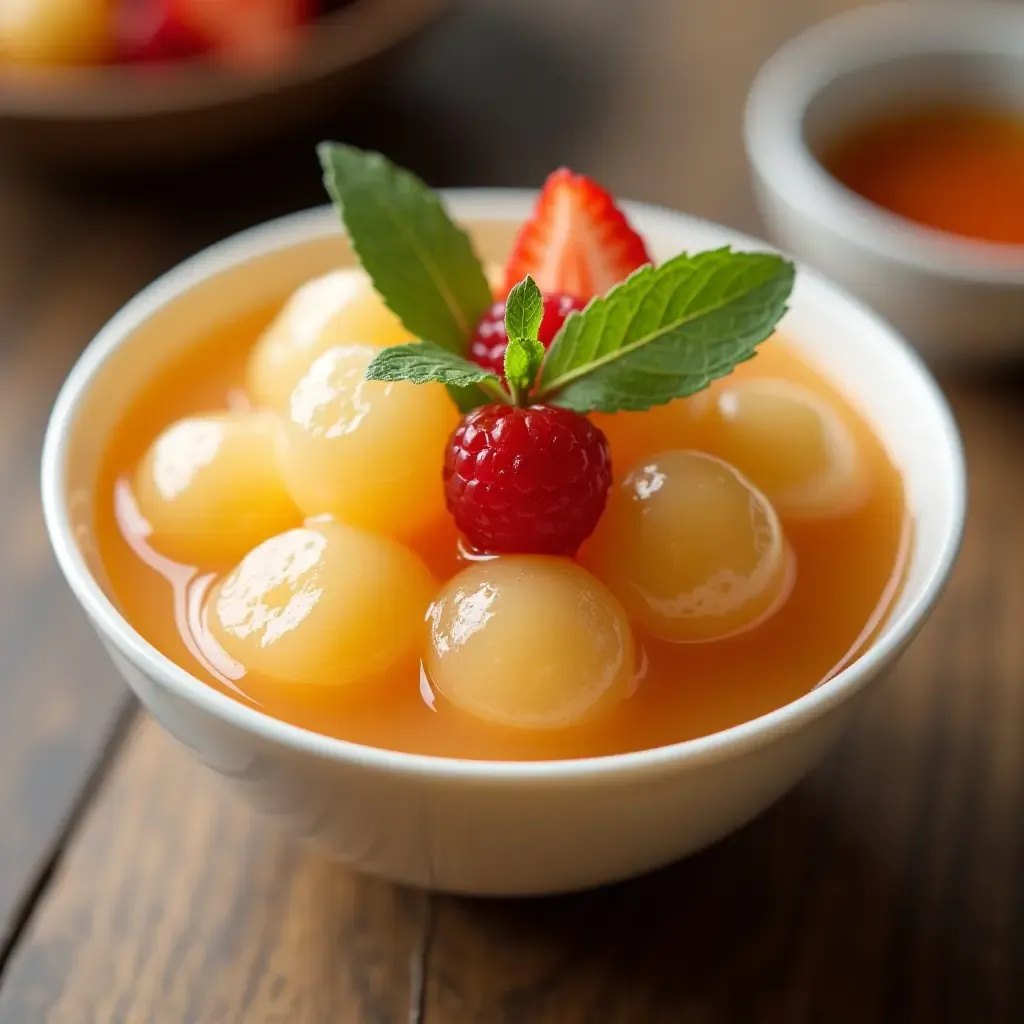 a photo of a bowl of Bingfen, a jelly-like dessert drink, topped with fresh fruits and mint leaves.