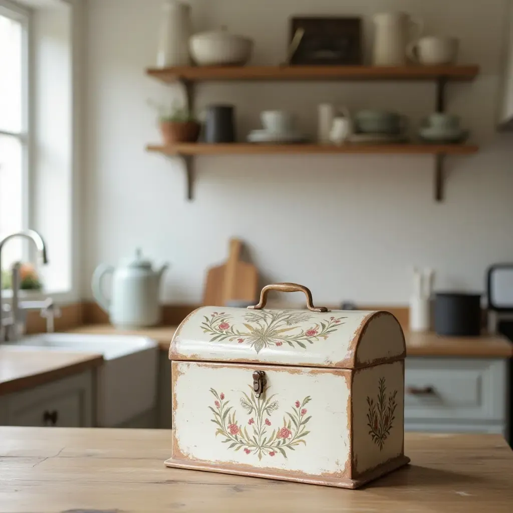 a photo of a kitchen with a vintage bread box and rustic accessories