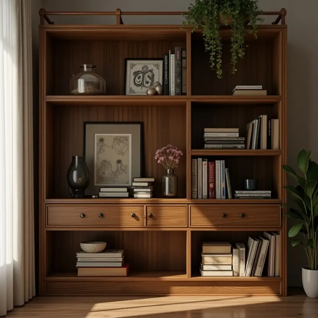 a photo of a wooden bookcase filled with personal items