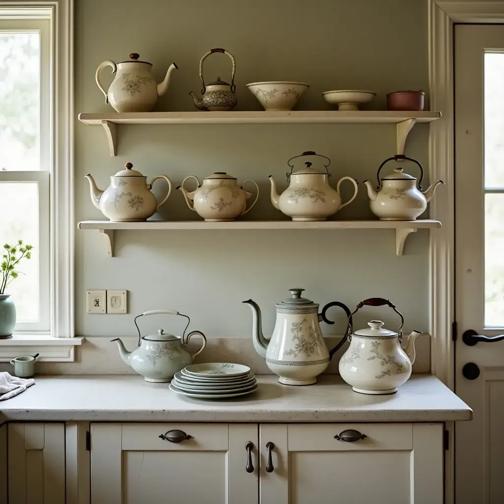 a photo of a charming kitchen with a collection of vintage teapots