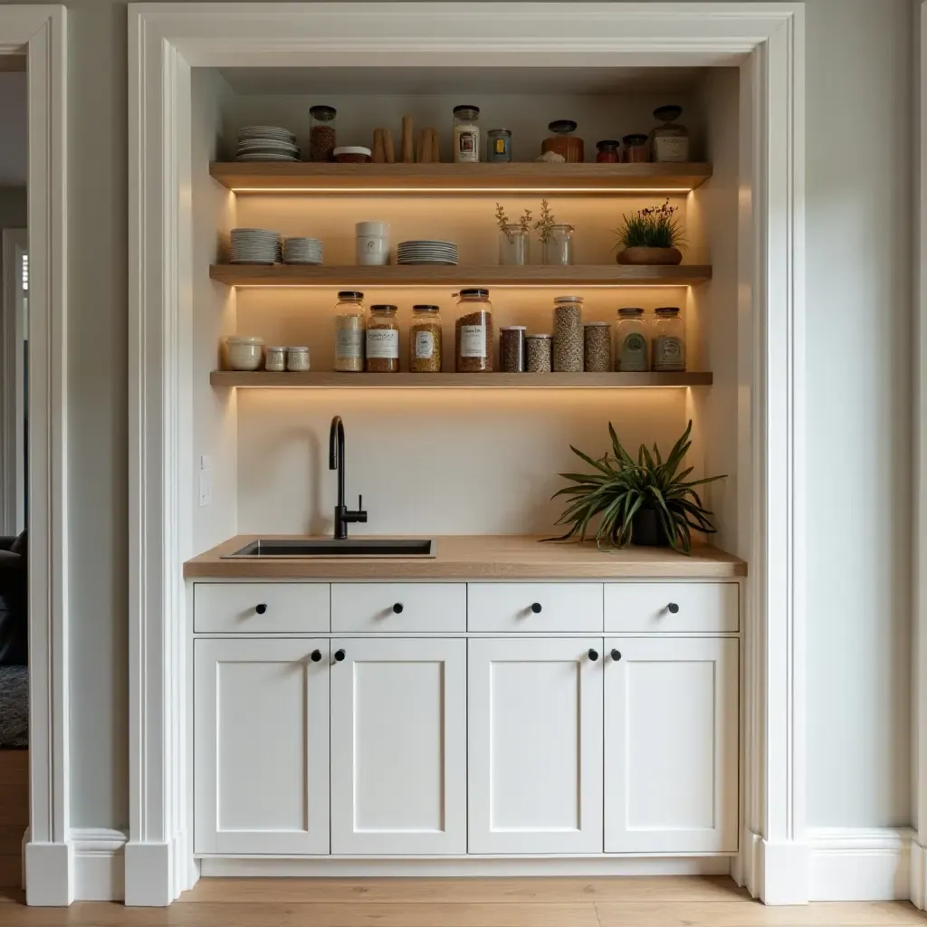 a photo of a stylish pantry with open shelving for food and kitchen tools