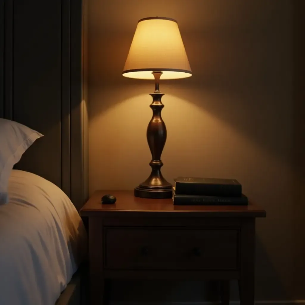 a photo of a bedside table with an antique lamp and dark books