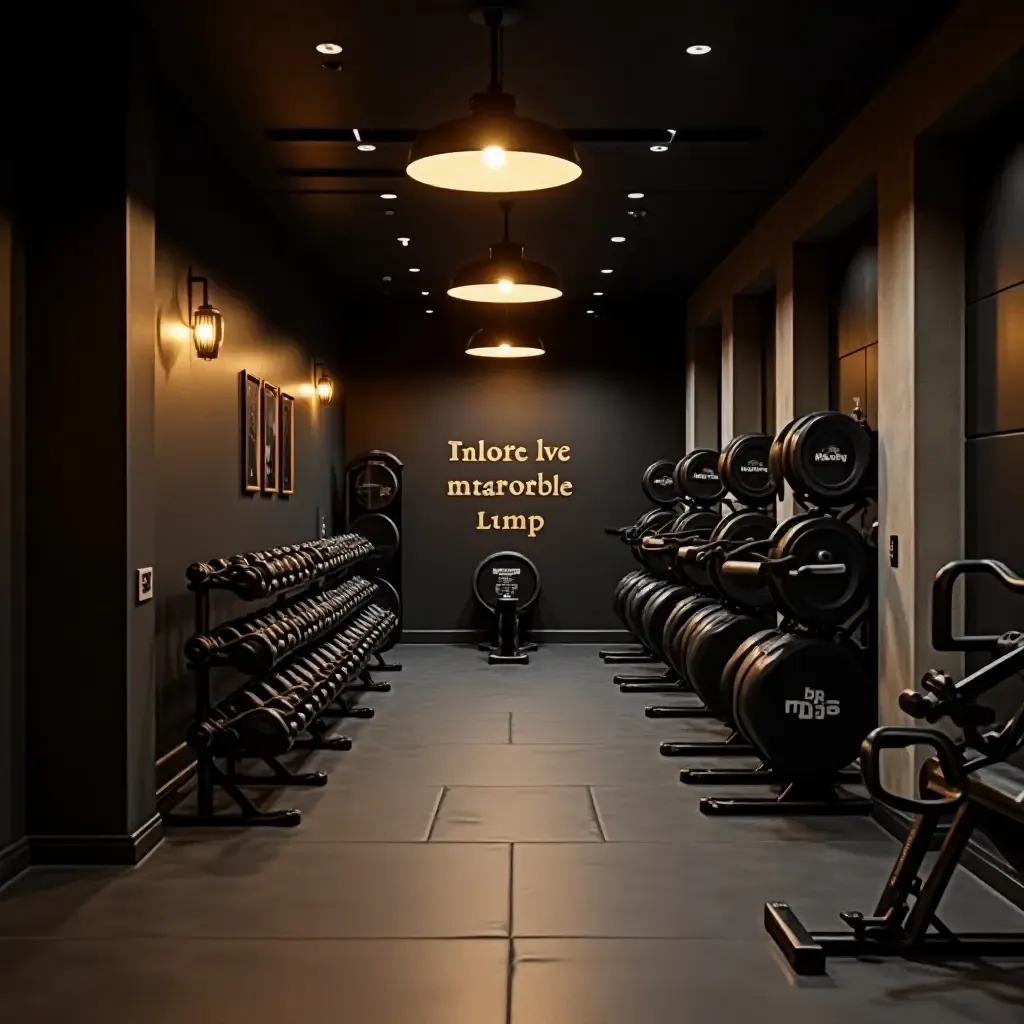 a photo of a basement gym with motivational pendant lighting