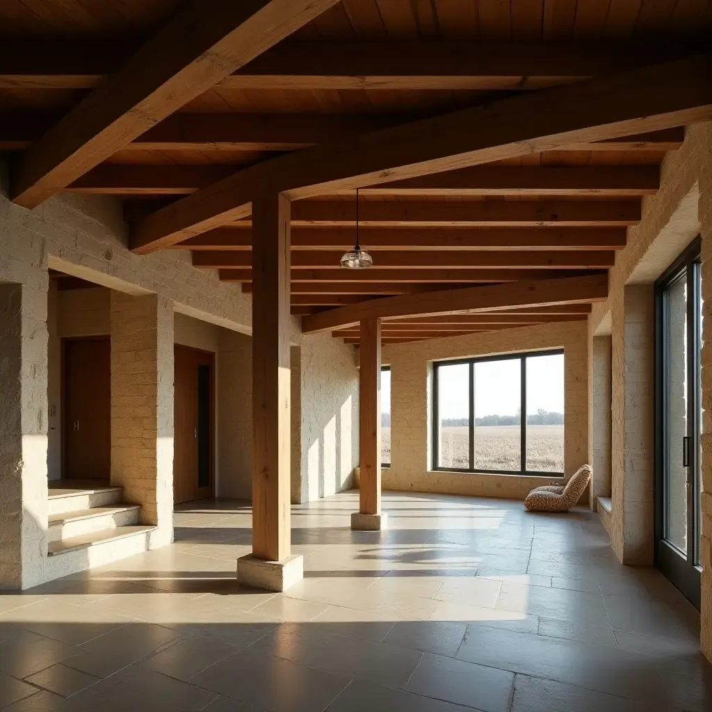 a photo of a basement with wooden beams and large windows