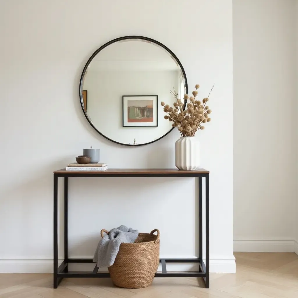 a photo of a metal and wood console table in a hallway