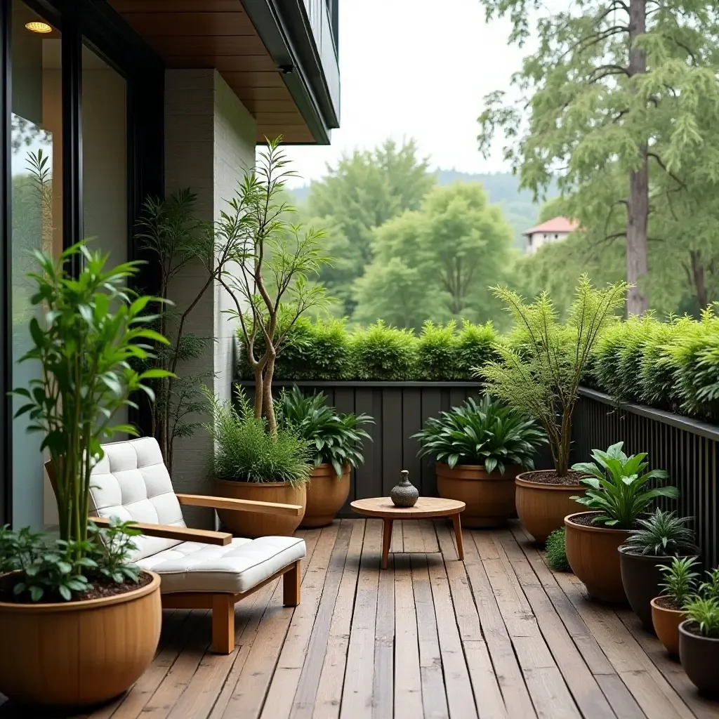 a photo of a balcony featuring a mini zen garden and bamboo decor