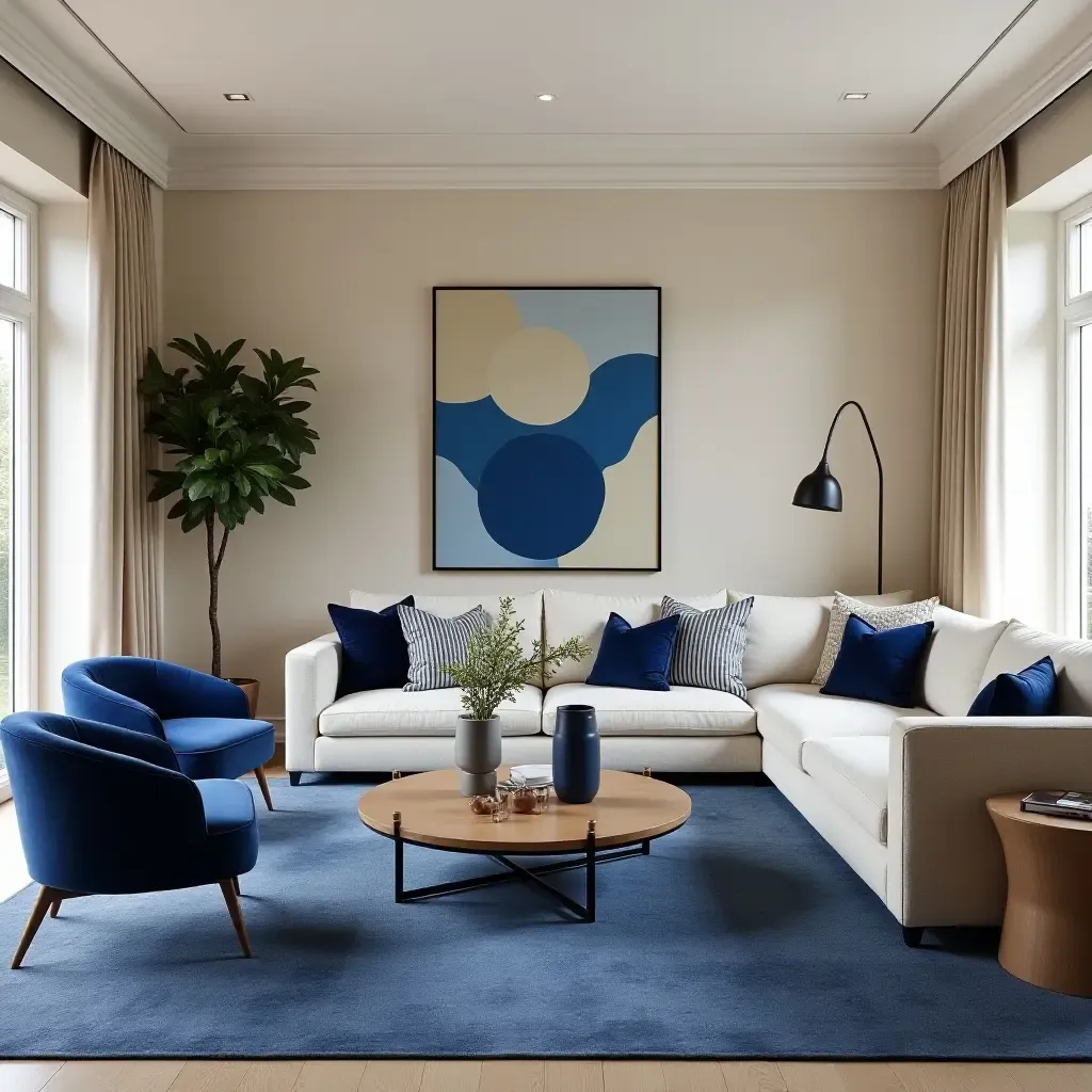 a photo of a luxurious living room with cream and royal blue