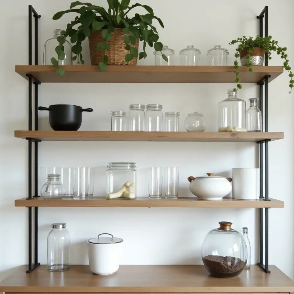 a photo of modern open shelving featuring sleek glass containers and greenery