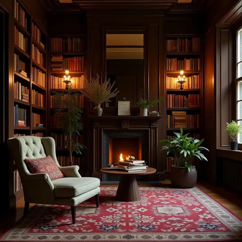 a photo of a cozy library with patterned rugs and soft, ambient lighting