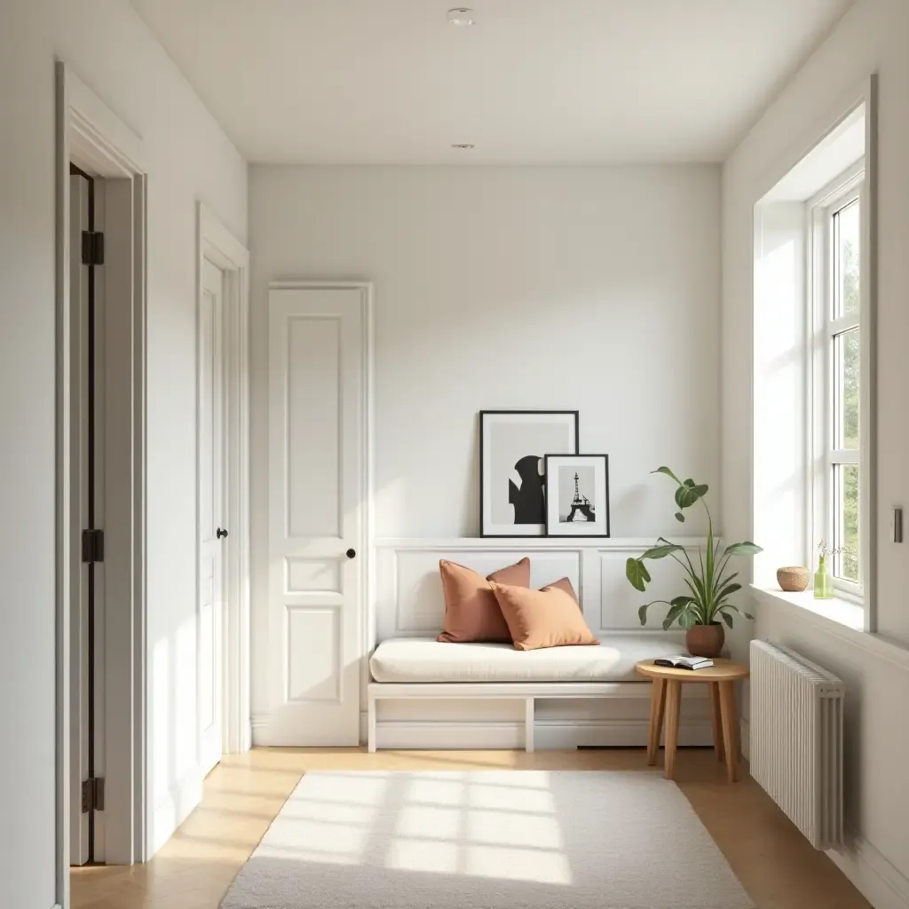 a photo of a bright corridor with a reading nook and decor