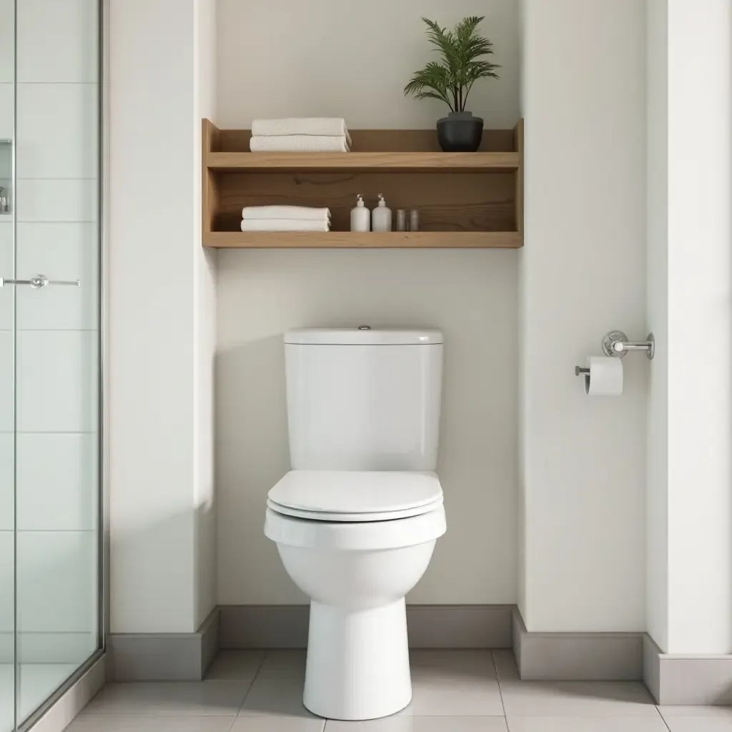 a photo of a bathroom with over-the-toilet shelving unit